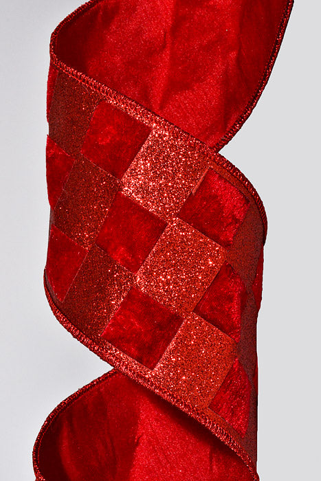 4" X 5Yds Wired Velvet Glitter Check Ribbon Red