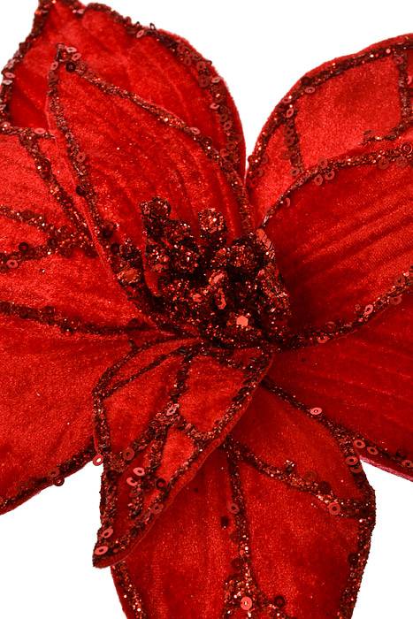24" Glitter Veined Velvet Poinsettia Stem Red
