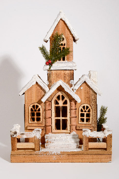 16.5" Wooden House With Lights Natural/White