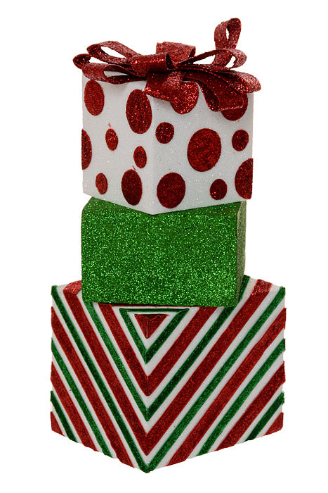 16" Sparkle Stripe Dot Gift Box Stack With Bow Red/White/Green