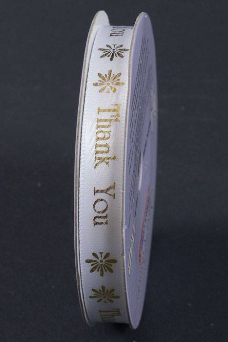 3/8" X 10yds Thank You Print Satin Ribbon Gold/white