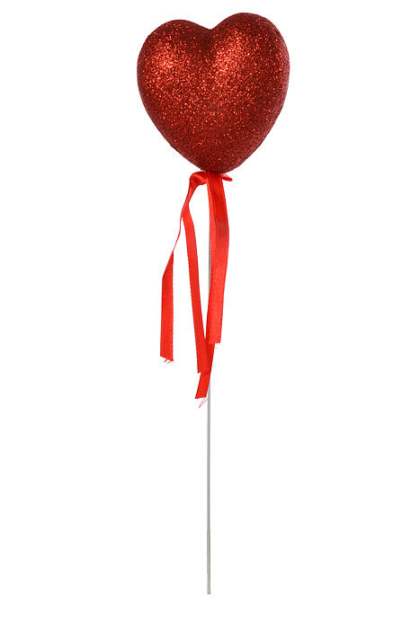13" Glitter Heart Pick With Ribbon Red Pkg/6