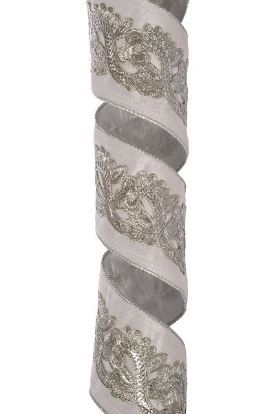 4" X 5Yds Wired Laser Cut Trim Velvet Ribbon White/Silver