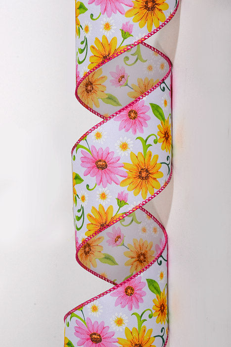 2.5" x 10Yds Wired White Satin Daises Ribbon Pink/Yellow