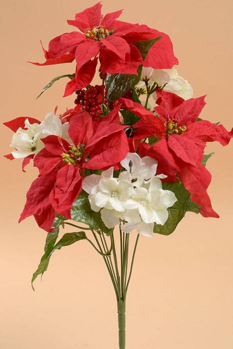 18" Velvet Poinsettia/hydrangea/holly Bush Red/white