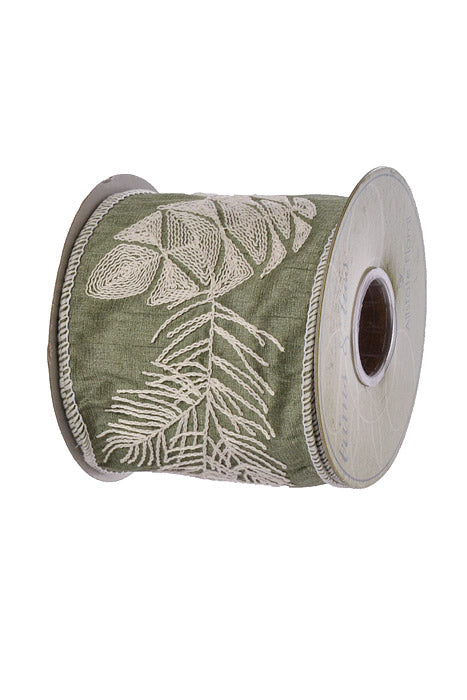 4" X 5Yds Wired Pine Cone Embroided Ribbon Green/White