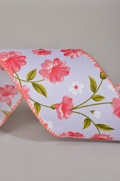 2.5" X 10Yds Wired White Satin Flutter Flowers Ribbon White/Blush