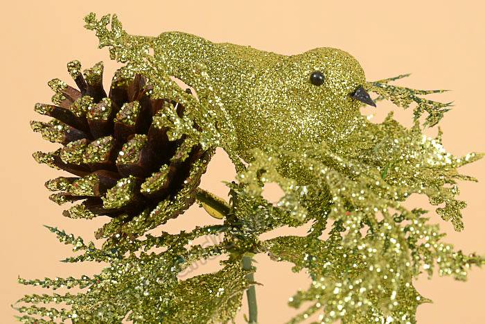 10" Glitter Bird W/cone Pick Green Pkg/12