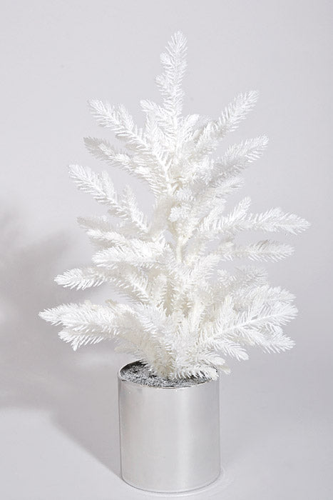 16" Artificial Juniper Pine With Silver Pot White