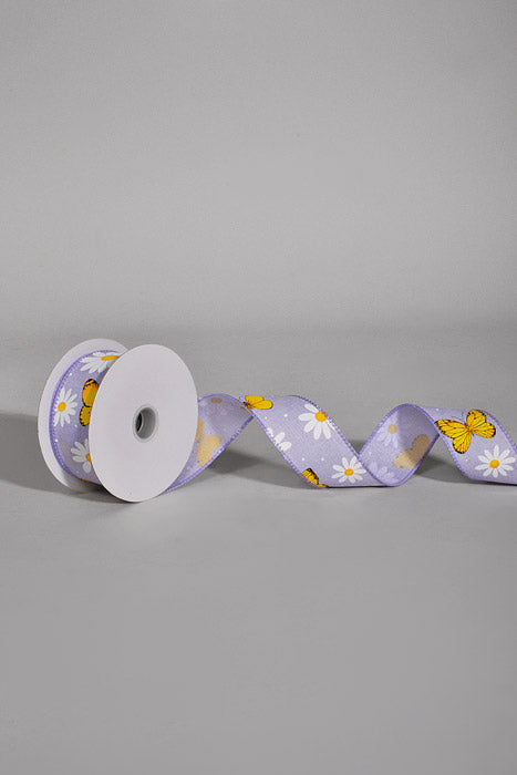 1.5" x 10Yds Wired Lavender Linen White Daisies Yellow Butterfly Ribbon