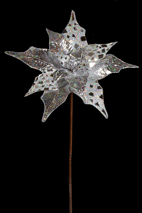 32" Glitter W/Metallic Jewel Poinsettia Stem Silver