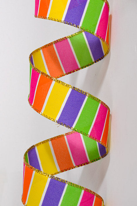 1.5" x 10Yds Wired Wide Stripes W/Gold Edge Ribbon Orange/Yellow/Fuchsia/Lime/Purple