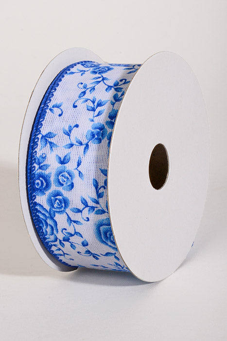 1.5" x 10Yds Wired White Linen Ombre Roses Ribbon Cobalt
