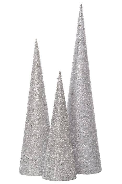18-24-30"Sequin/Bead Cone Tree Silver Set-3