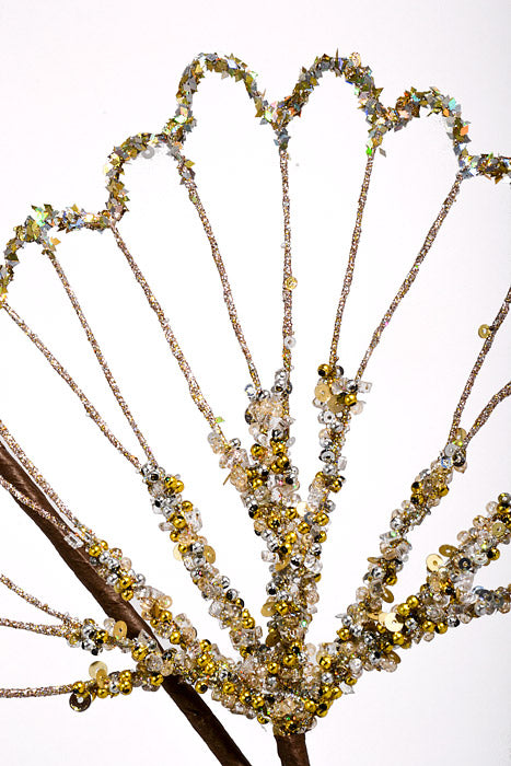 28" Glitter Beaded Sequin Gingko Spray Champagne
