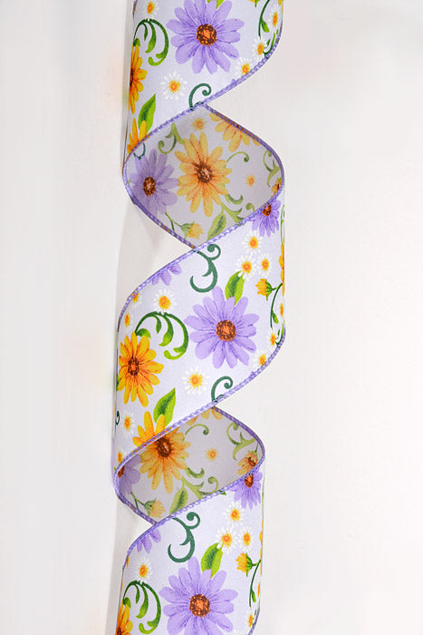 2.5" x 10Yds Wired White Satin Daises Ribbon Lavender/Yellow