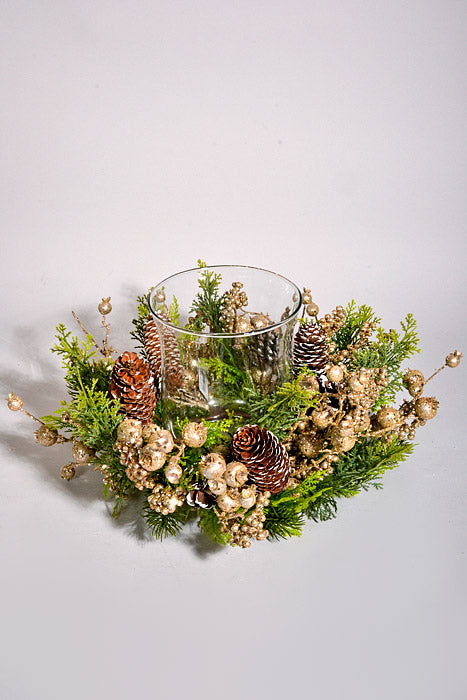 16" Berry Cone Pine Glass Candle Holder Champagne