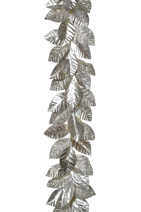 59" Glittered Metallic Magnolia Leaf Garland Platinum