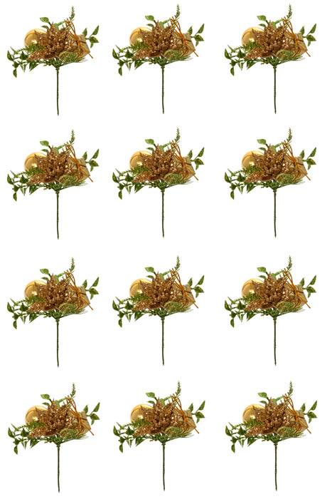 7.5" Poinsettia/Giftbox/Ball Pick Gold Pkg/12
