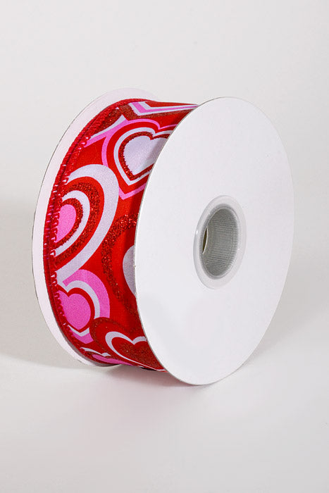 1.5" x 10Yds Wired Glitter Satin Hearts Ribbon Red/Pink
