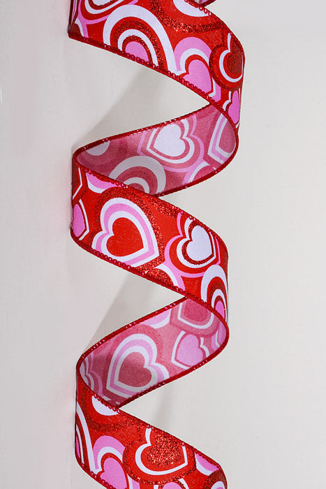 1.5" x 10Yds Wired Glitter Satin Hearts Ribbon Red/Pink