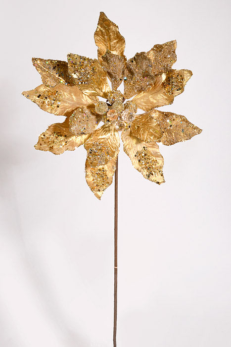 24" Iced W/Jewel Encrusted Poinsettia Stem Champagne/Gold