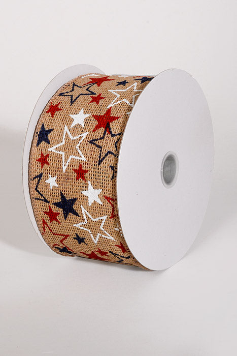 2.5" x 10Yds Wired Natural Burlap Stars Ribbon Navy/Red/White