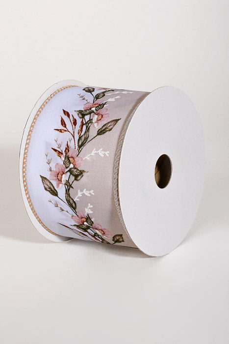 2.5" X 10Yds Wired Dual Floral Garland Ribbon Tan/White