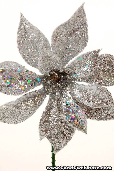 4" Glitter Poinsettia Pick Silver Pkg/12