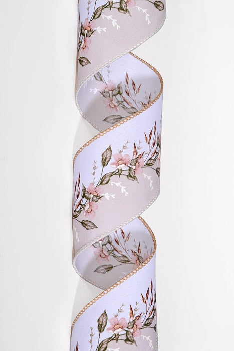 2.5" X 10Yds Wired Dual Floral Garland Ribbon Tan/White