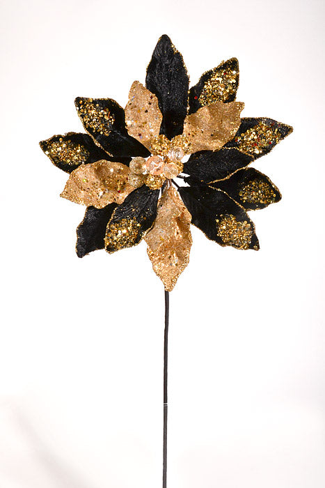 24" Iced W/Jewel Encrusted Poinsettia Stem Black/Gold