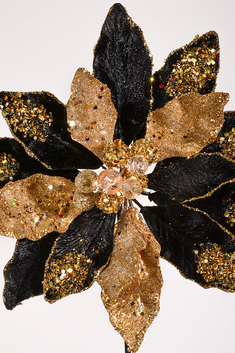 24" Iced W/Jewel Encrusted Poinsettia Stem Black/Gold