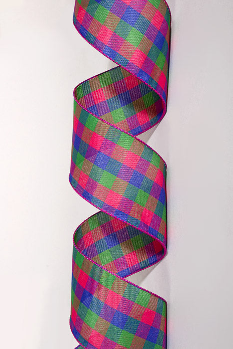 2.5" x 10Yds Wired Garden Check Ribbon Royal Blue/Fuchsia/Green