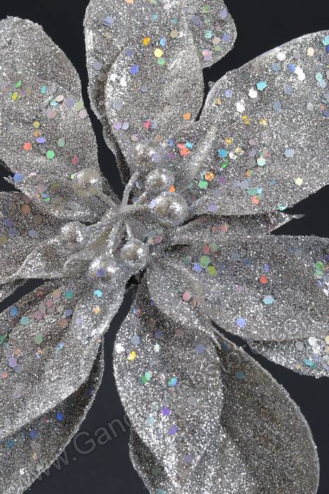 11" Glitter Poinsettia Pick Silver Pkg/12