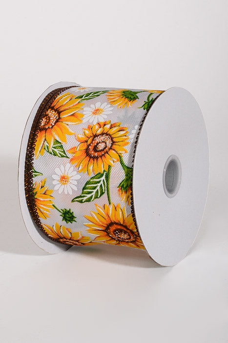 2.5" x 10Yds Wired Ivory Linen Sunflowers & Daisies Ribbon Yellow/White