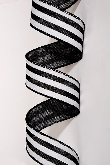 1.5" X 10Yds Wired Linen Wide Cabana Stripes Ribbon Black/White