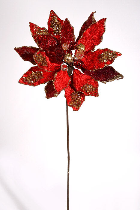 24" Iced W/Jewel Encrusted Poinsettia Stem Red/Gold