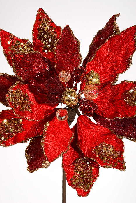 24" Iced W/Jewel Encrusted Poinsettia Stem Red/Gold