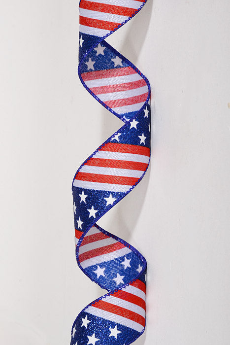 1.5" x 10Yds Wired Glitter White Linen Stars & Strips Ribbon Red/Navy