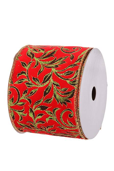 4" X 10yds Wired Printed Leaf Vine On Velvet Ribbon Red/green/gold