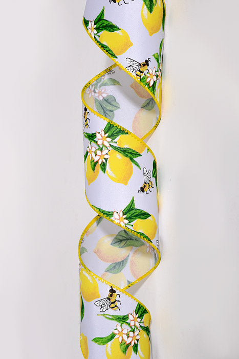 2.5" x 10Yds Wired Satin Lemons & Bees Ribbon Yellow/Green