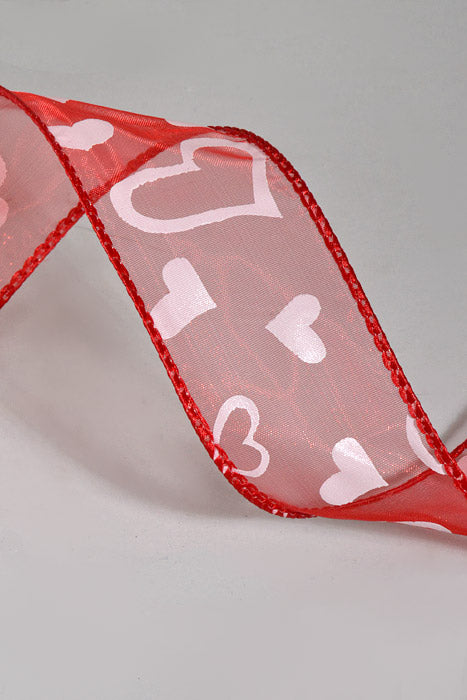 1.5" X 50Yds Wired Floating Hearts Ribbon Red/White