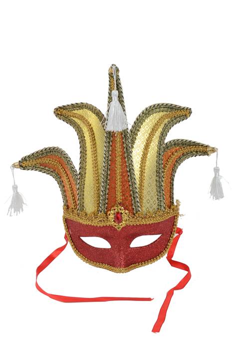 12" Glitter Mask W/bell & Tassel Red/red