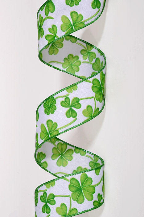 1.5" x 10Yds Wired Satin Watercolor Shamrocks Ribbon Green/White