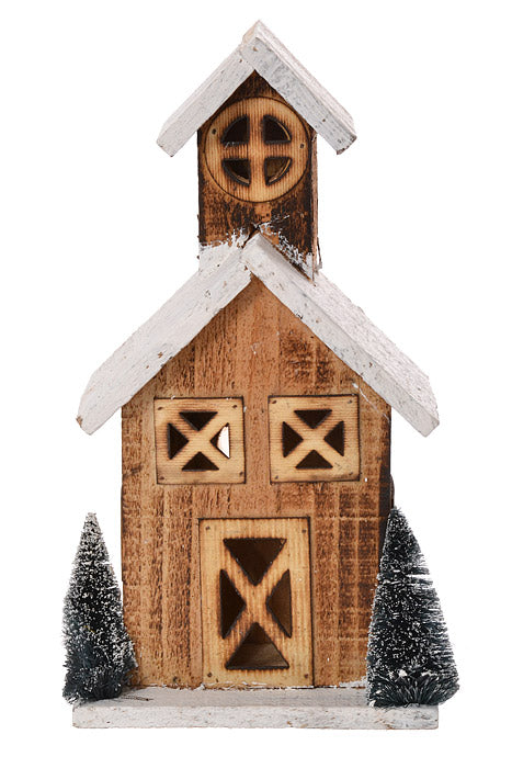 12" Wooden House With Lights Natural/White