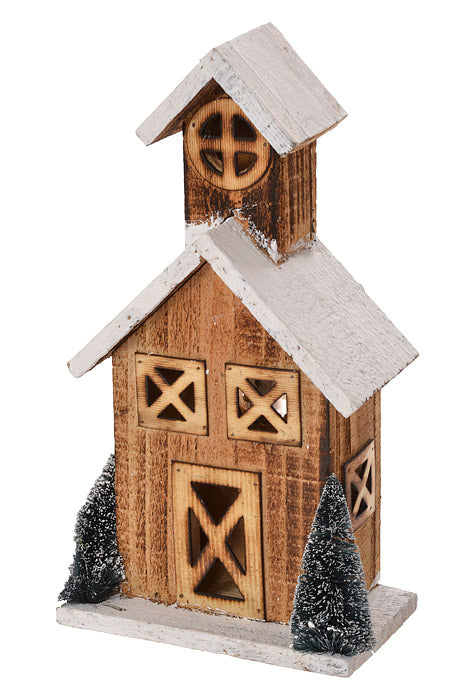 12" Wooden House With Lights Natural/White