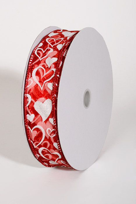 1.5" x 50Yds Wired Glitter Sheer Jane Hearts Ribbon Red/White
