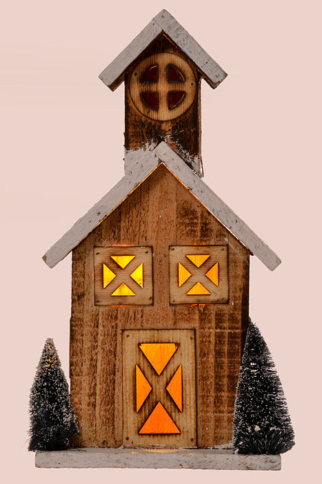 12" Wooden House With Lights Natural/White