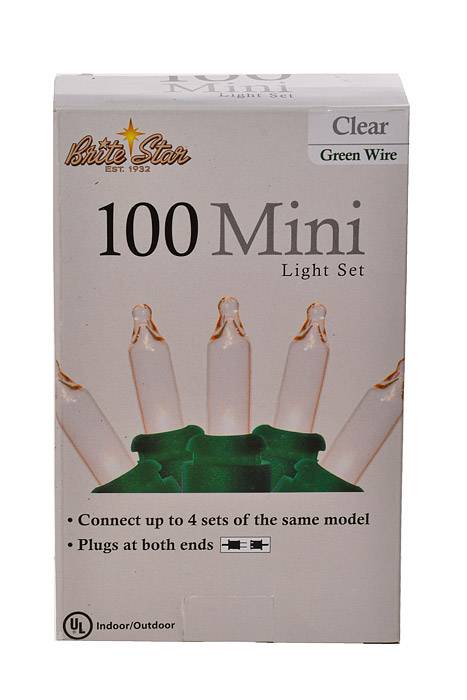 22.4Ft Mini Light Set Clear/Green Wire 100Lt