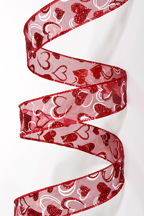 1.5" x 50Yds Wired Glitter Sheer Lisa Hearts Ribbon Dark Red